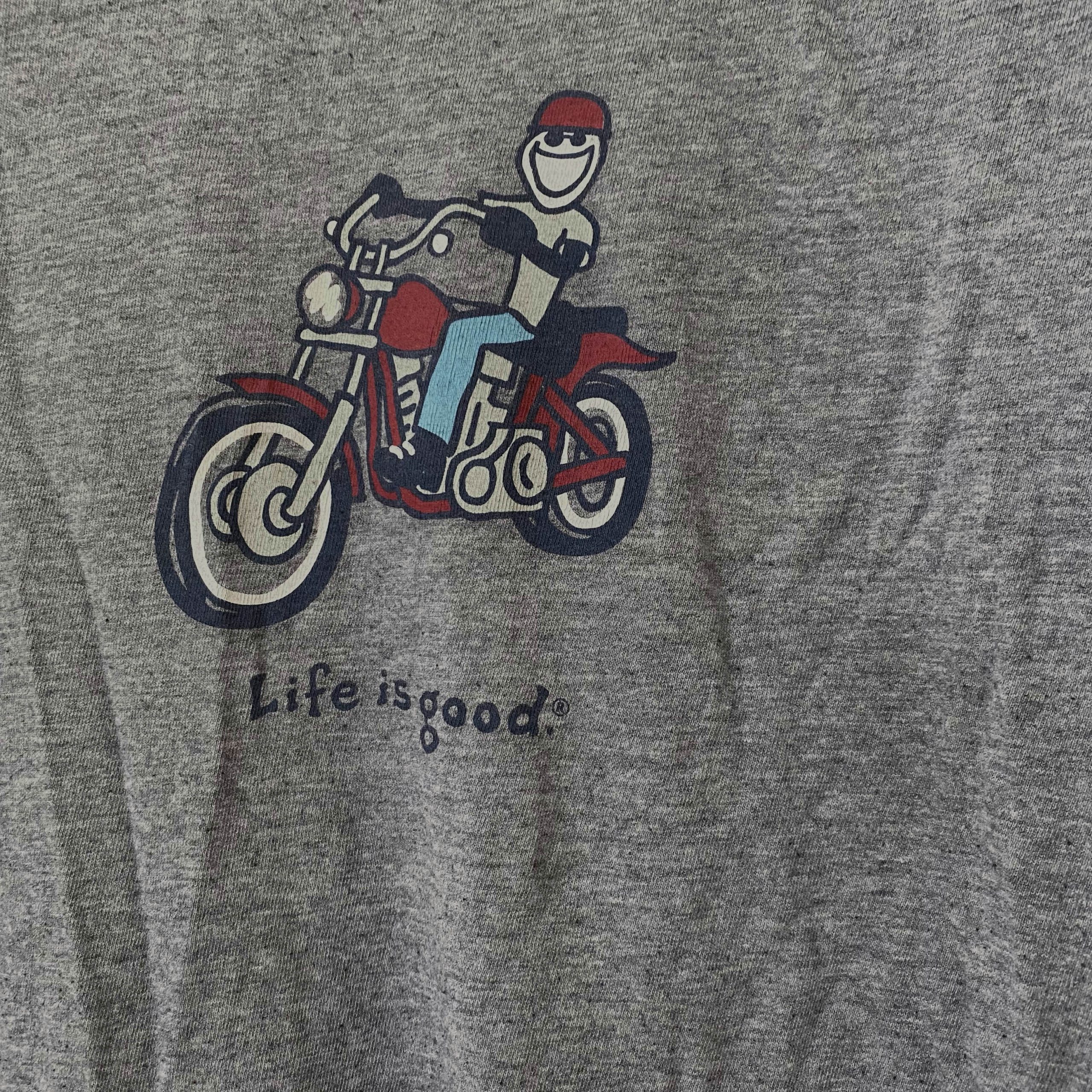 Life is Good Vintage t-shirt - Happy cool dude cruising on Harley (?) motocycle. Approximately 28" long, 49" chest